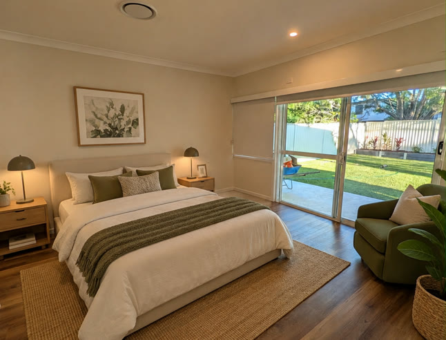 Second bedroom with sliding doors to a covered patio and lawn, an armchair by the window and room to move around the bed.