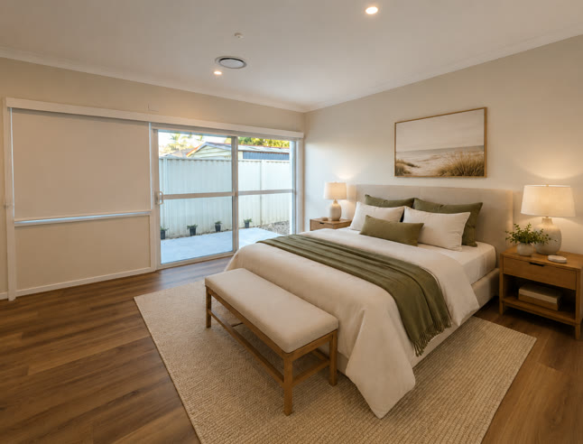 Bedroom with a sliding glass door opening onto its own private patio, and clear floor space around the bed.