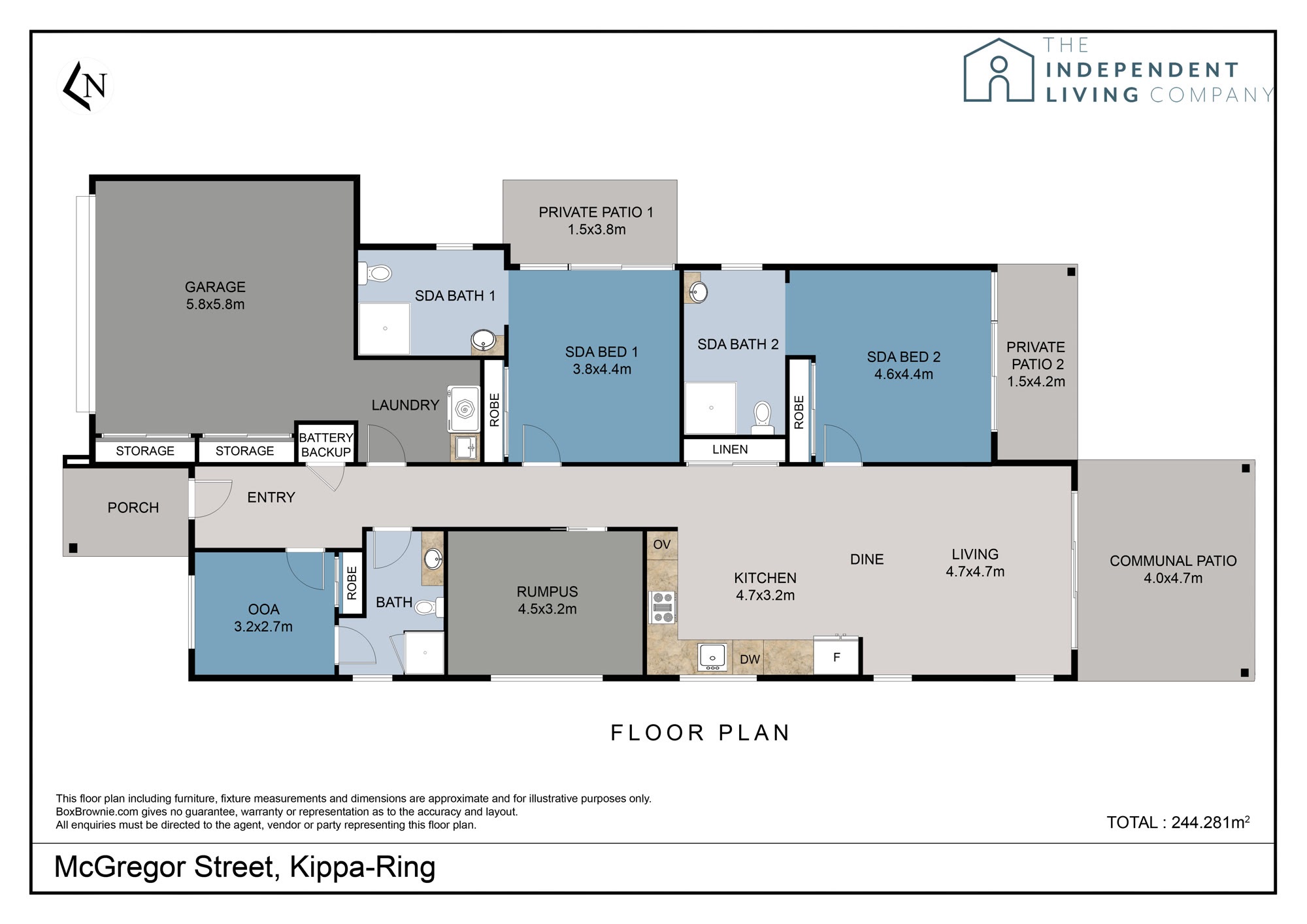 Floor plan of the home: a central hallway with two SDA bedrooms, each with its own ensuite and private patio, an overnight support room with its own bathroom, and an open kitchen, dining and living area opening to a communal patio. Double garage, laundry, rumpus room, two storage areas and a battery backup cupboard.