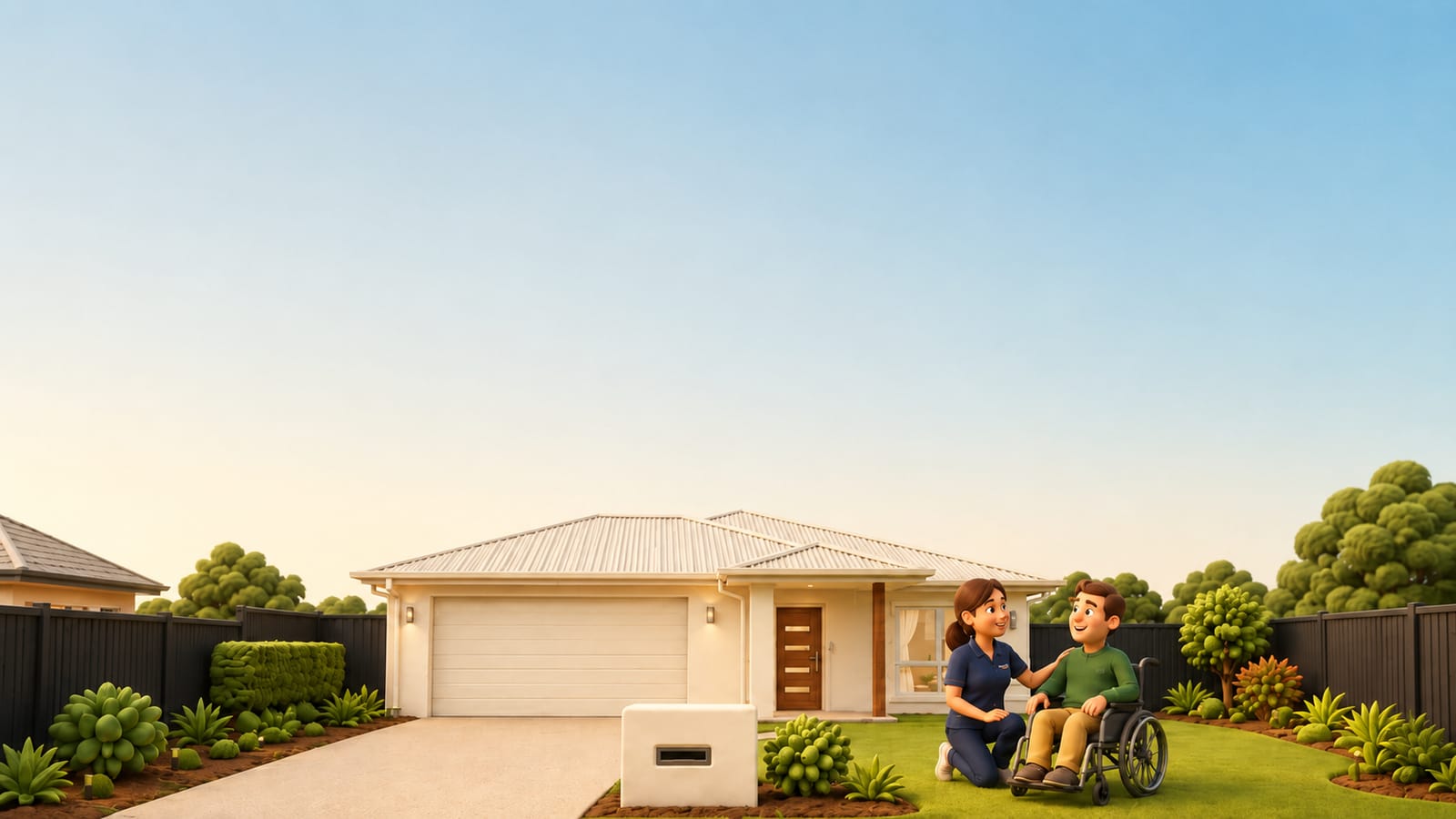 The front of 5 McGregor Street — a single-storey home with a level, step-free path from the street, where a support worker is talking with a resident who uses a wheelchair.