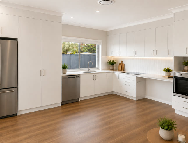 Kitchen with white cabinetry, a cooktop and an open benchtop section with clear space beneath it for a wheelchair to pull in.