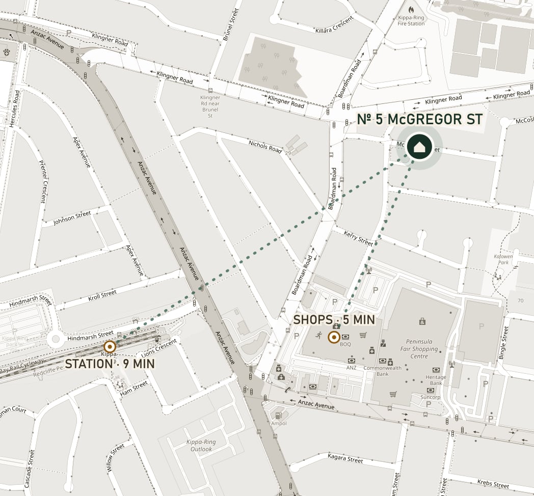 Map of Kippa-Ring showing 5 McGregor Street, with walking routes marked to Kippa-Ring Shopping Centre (3–4 minutes) and Kippa-Ring station (7–8 minutes).