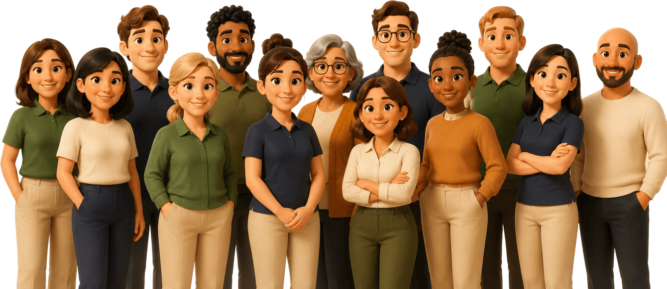 Illustration of a large, varied support team standing together.